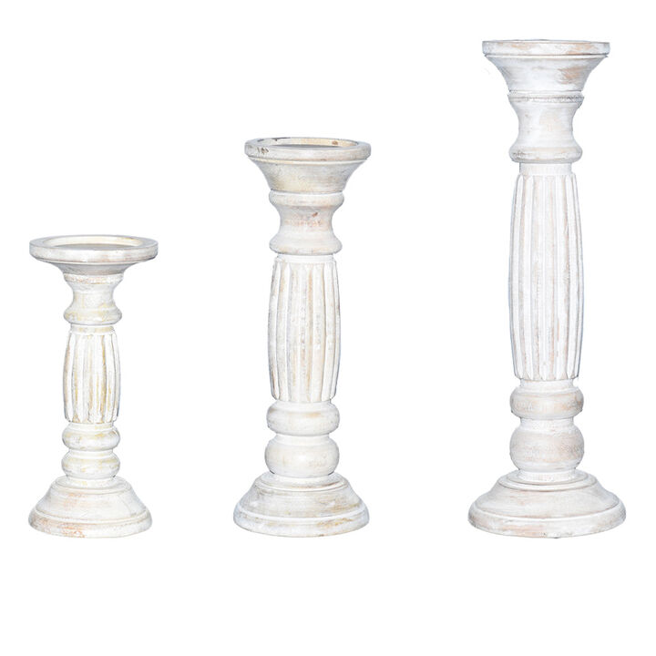 Traditional Antique White Eco-friendly Handmade Mango Wood Set Of Three 9",12" & 15" Pillar Candle Holder