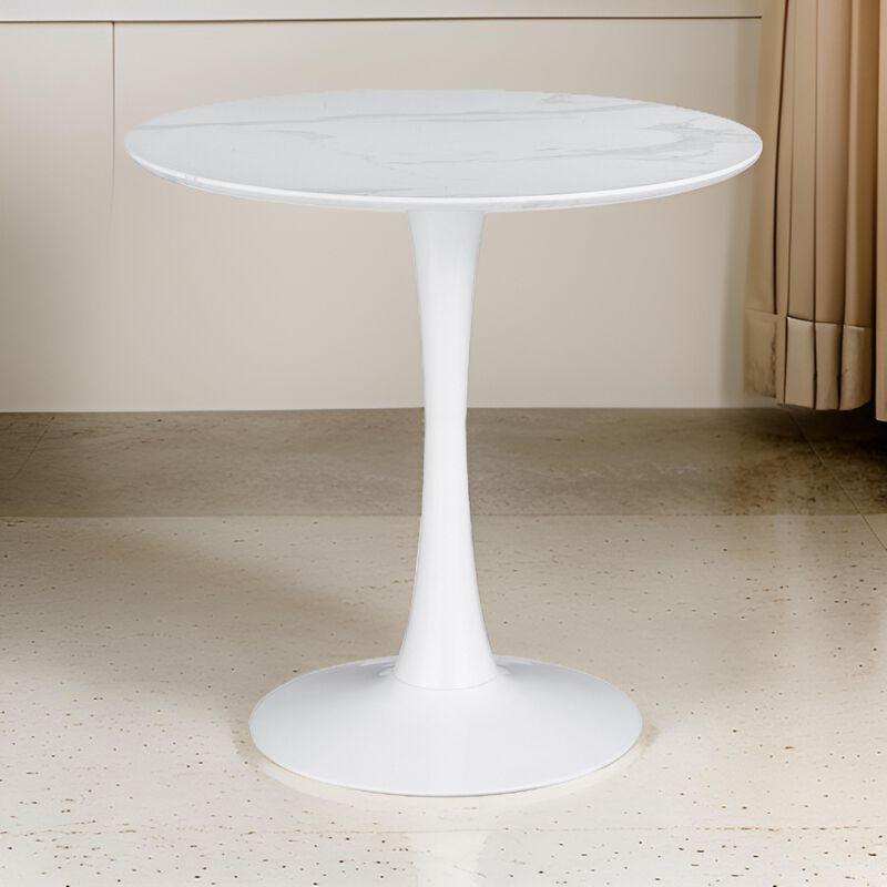 Loxi 30 Inch Round Dining Table, White Faux Marble Top, Tulip Accent Body - Benzara