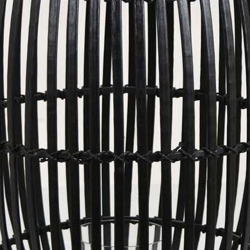 Gyna 30 Inch Modern Tabletop Lantern, Woven Cylindrical Decoration, Black - Benzara