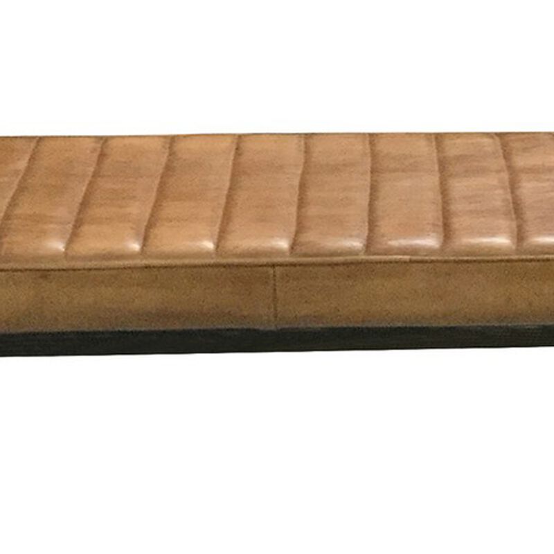 Bench with Tufted Leatherette Seat and Metal Legs, Brown-Benzara