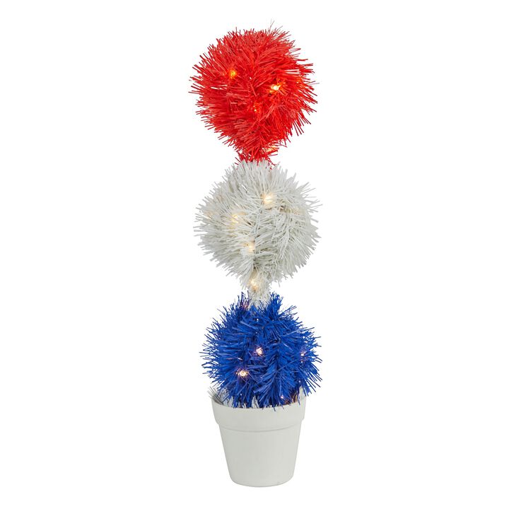 Hivvago 18" Red, White and Blue â€œAmericana" Artificial Topiary Plant with 35 Warm LED Lights