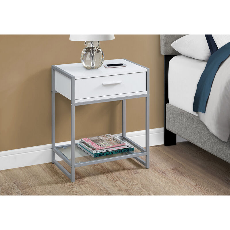 Monarch Specialties I 3503 Accent Table, Side, End, Nightstand, Lamp, Storage Drawer, Living Room, Bedroom, Metal, Laminate, Tempered Glass, White, Grey, Contemporary, Modern