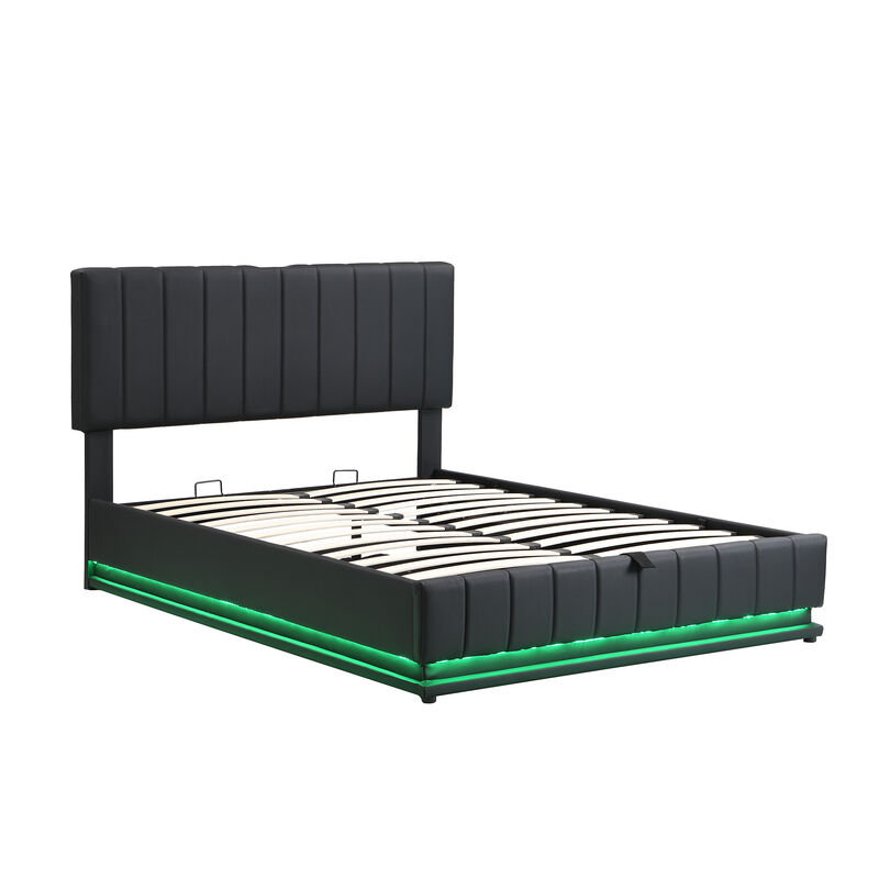 Merax Upholstered LED Light Platform Bed with Hydraulic Storage