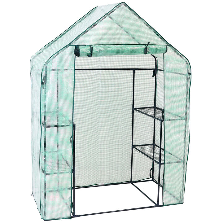 Sunnydaze Small Iron PE Cover Walk-In Greenhouse with 4 Shelves - Green