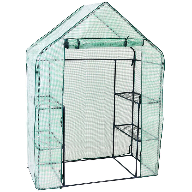 Sunnydaze Small Iron PE Cover Walk-In Greenhouse with 4 Shelves - Green