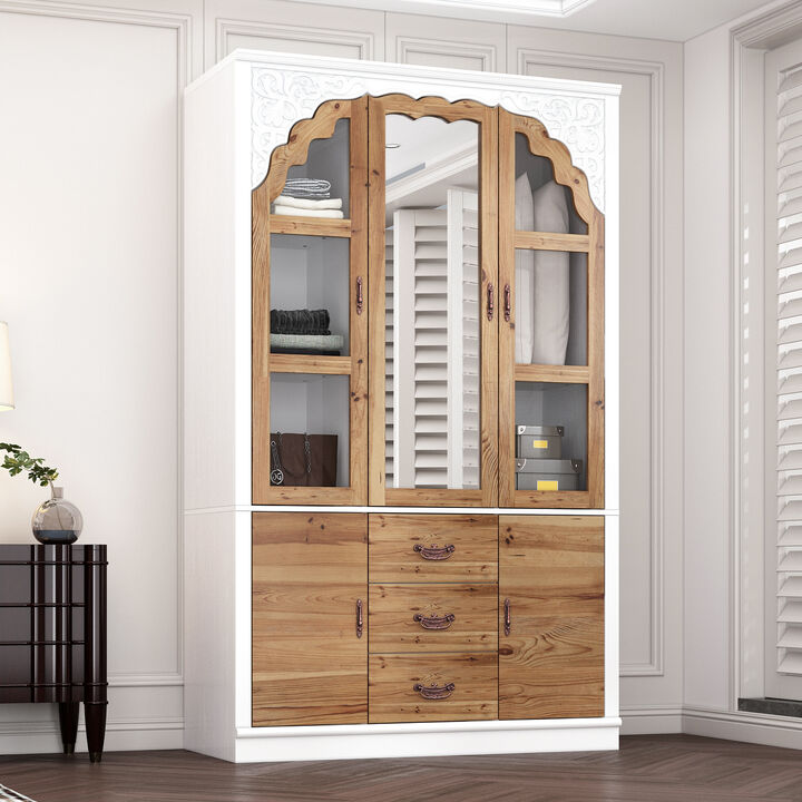 75.7 in. H Paint Finish Wooden Accent Storage Cabinet in Brown and White, Rustic Style, With Mirror Doors and Drawer