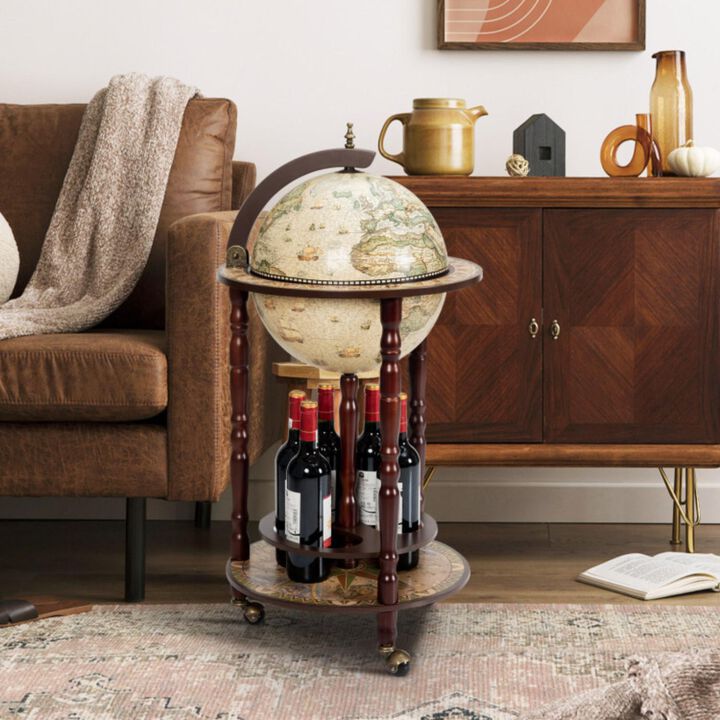 Hivvago 17 Inch Italian Style Design Wooden Globe Liquor Bottle Wine Rack with Wheels