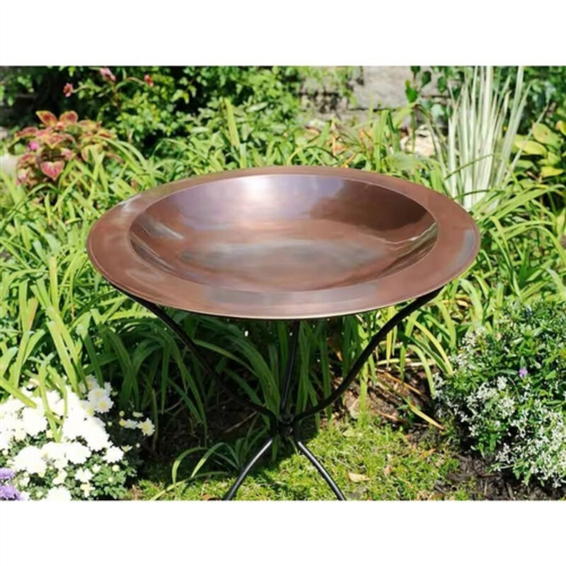 Large Round Copper Plated Brass Bird Bath with Rimmed Bowl Design
