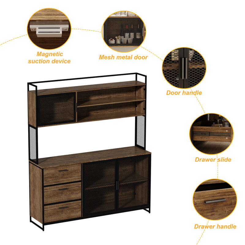 59 in. W Brown Large Kitchen Pantry Organizers Cabinet Buffet with 3-Drawers, 6 Shelves and Metal Mesh Doors