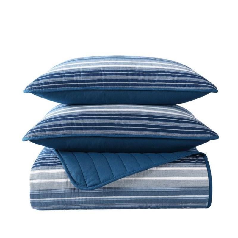 Hivvago King Size Coastal Blue Stripe Reversible Cotton Quilt Set