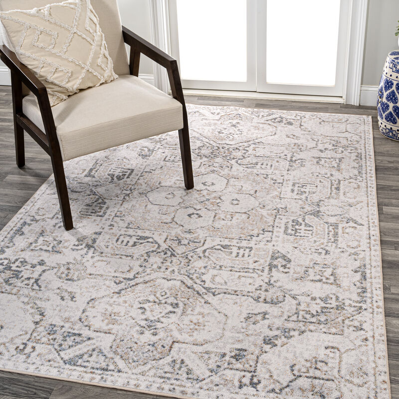 Edith Distressed Medallion Low-Pile Machine-Washable Cream/Light Gray Rug
