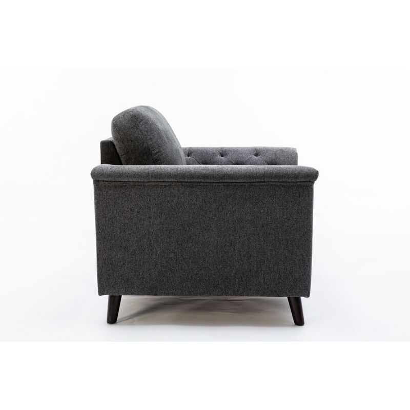 Sen 37 Inch Accent Sofa Chair, Tufted Arms, Padded, Gray Linen, Solid Wood - Benzara