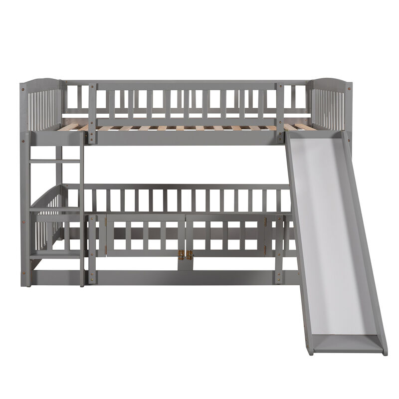 Bunk Bed With Slide, Full Over Full Low Bunk Bed With Fence And Ladder For Toddler Kids Teens