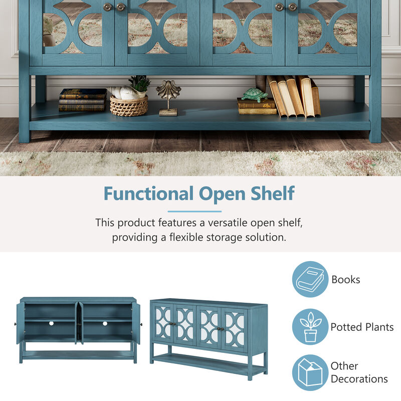 TREXM Elegant Retro Console Table/Storage Cabinet/Sideboard with Mirrored Doors, Spacious Shelves, and Durable Acacia Wood Legs - Perfect for Living Room, Dining Room, or Entryway (Antique Navy)