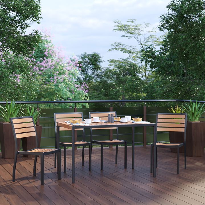 Flash Furniture 5 Piece Patio Table Set - Synthetic Teak Poly Slats - 30" x 48" Steel Framed Table with 4 Faux Teak Chairs