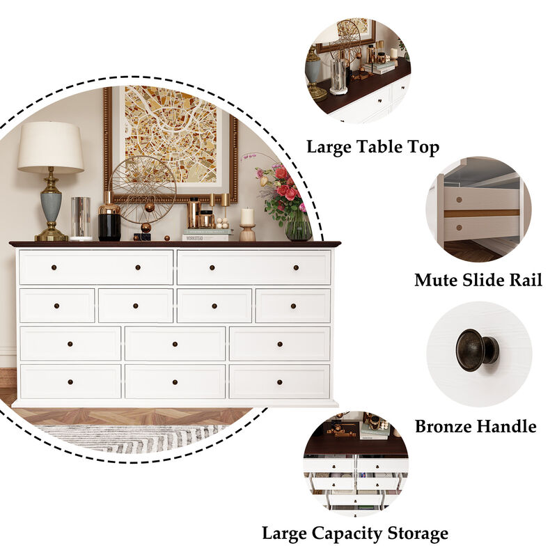 12-Drawer White Wood Dresser Storage Cabinet Vintage Style 31.5 in. H x 61 in. W x 15.7 in. D