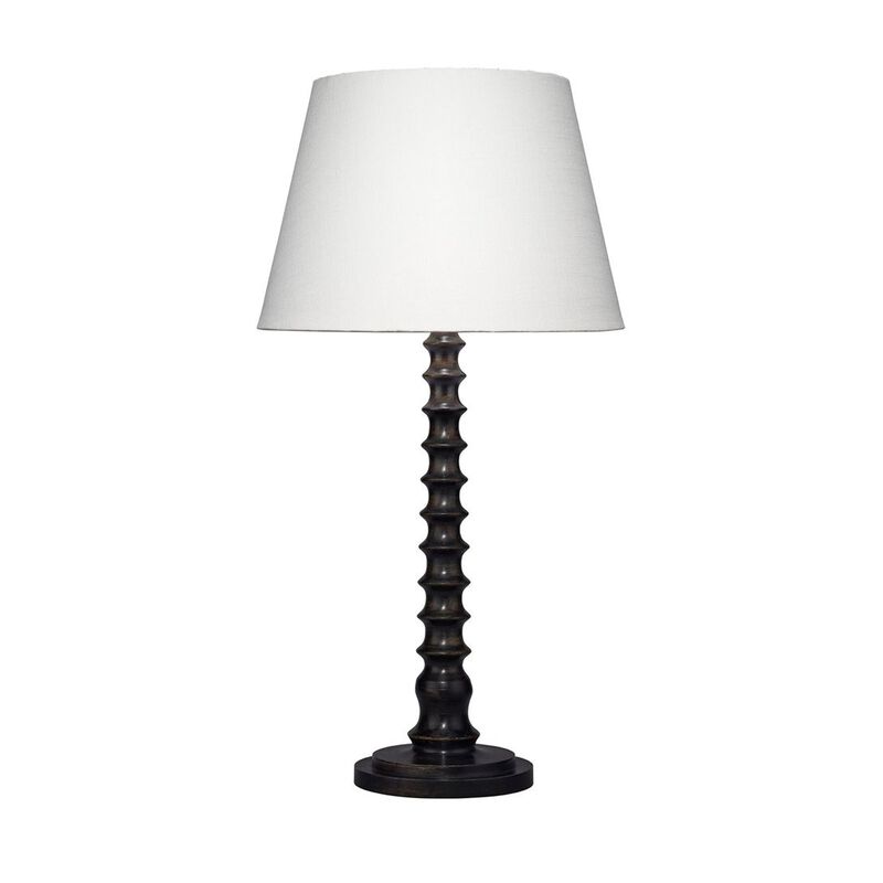 Dio 31 Inch Table Lamp, White Slub Drum Shade, Black Turned Wood Base - Benzara