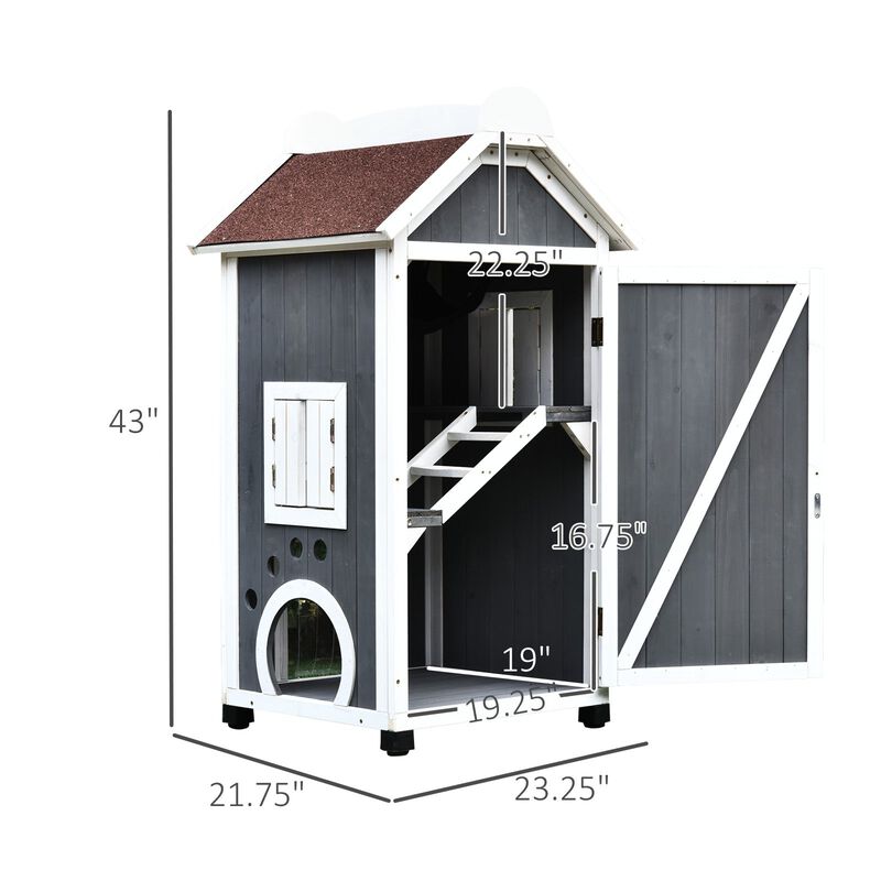 Grey/White Cat Castle: 43H 3-Floor Outdoor Wooden Kitten Condo