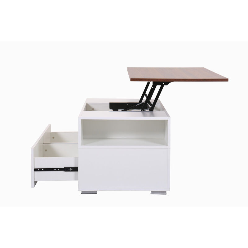 Luna White Coffee Table With Brown Walnut Finish Lift Top, 2 Drawers, And 2 Shelves