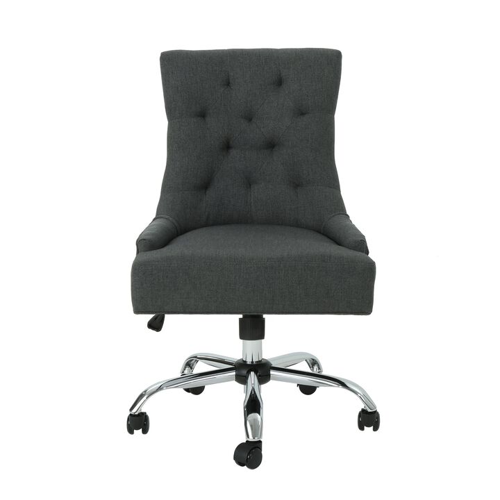 Ovi Swivel Office Chair, Dark Gray Fabric, Tufted Back, Rolling Wheels -Benzara