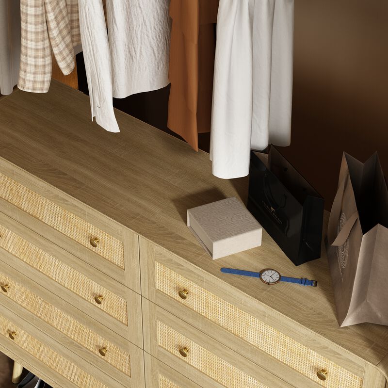 FUFU&GAGA Modern Rattan Dresser with 8 Drawers, PB Board with Gold Accents (55.1" W x 40" H x 13.9" D), Oak