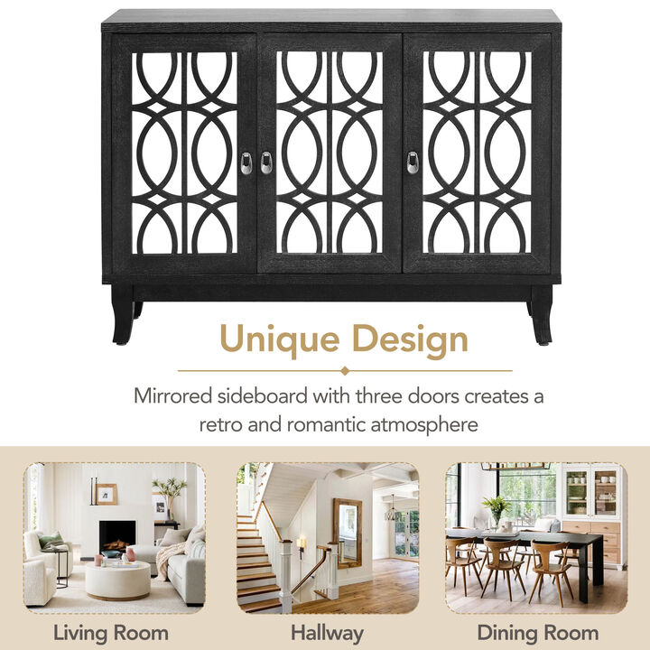 Sideboard With Glass Doors, 3 Door Mirrored Buffet Cabinet With Handle For Living Room