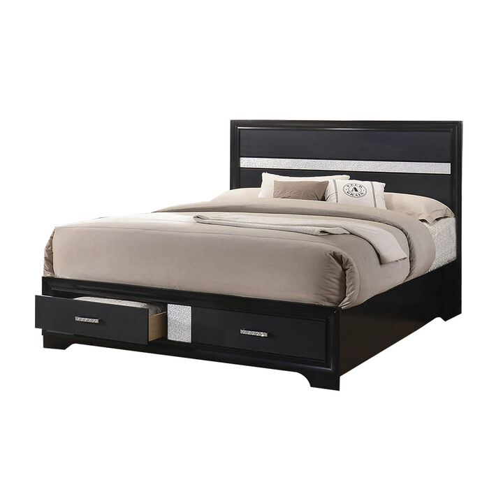 Wooden California King Size Bed with 2 Storage Drawers, Black and Silver-Benzara
