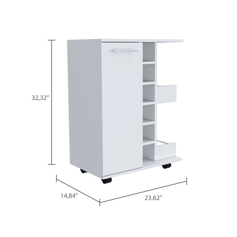 DEPOT E-SHOP Magda Bar Cart, Four Casters, Six Built-in Wine Rack, Single Door Cabinet, Two External Shelves, White