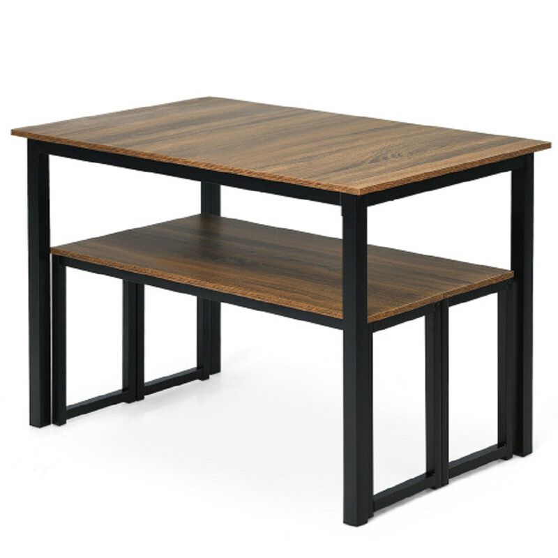 3 Pieces Kitchen Dining Table Set with 2 Benches for Limited Space -Natural