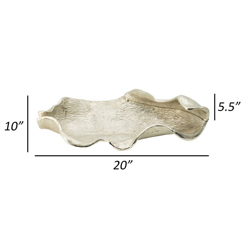 20 Inch Decorative Platter, Aluminum, Leaf Design, Bright Nickel Finish - Benzara