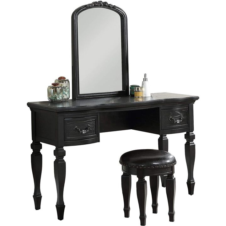 Bedroom Classic Vanity Set Wooden Carved Mirror Stool Drawers Black Color