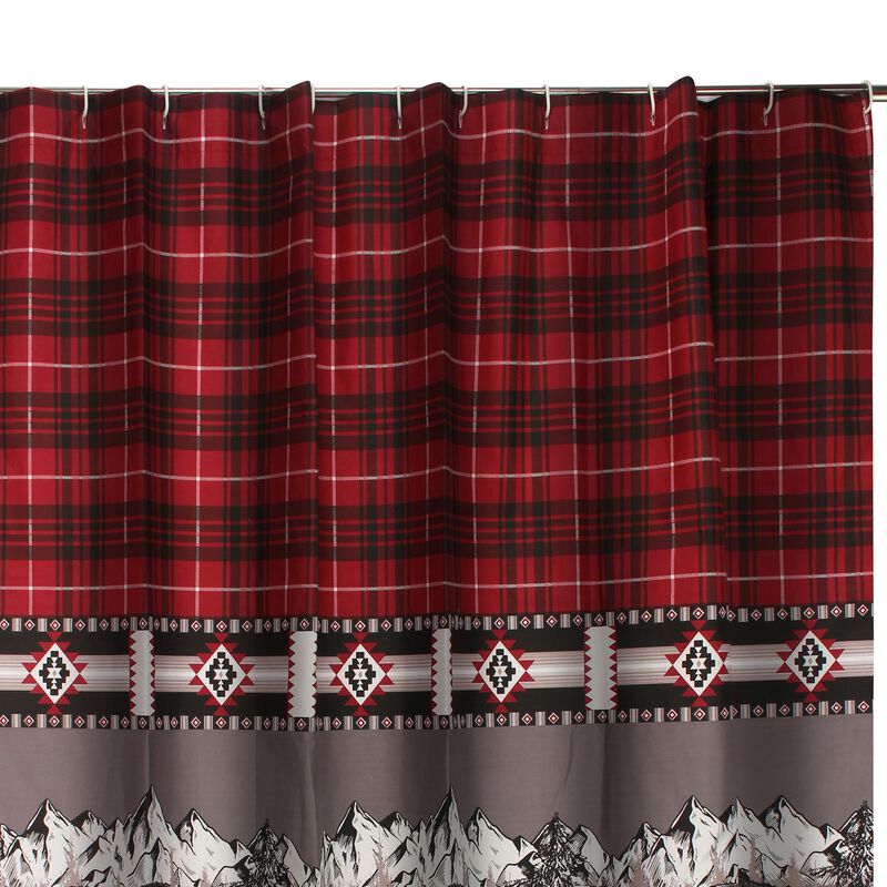 Sofia 72 Inch Bear Shower Curtain, Red and Black Plaid, Poly Microfiber-Benzara
