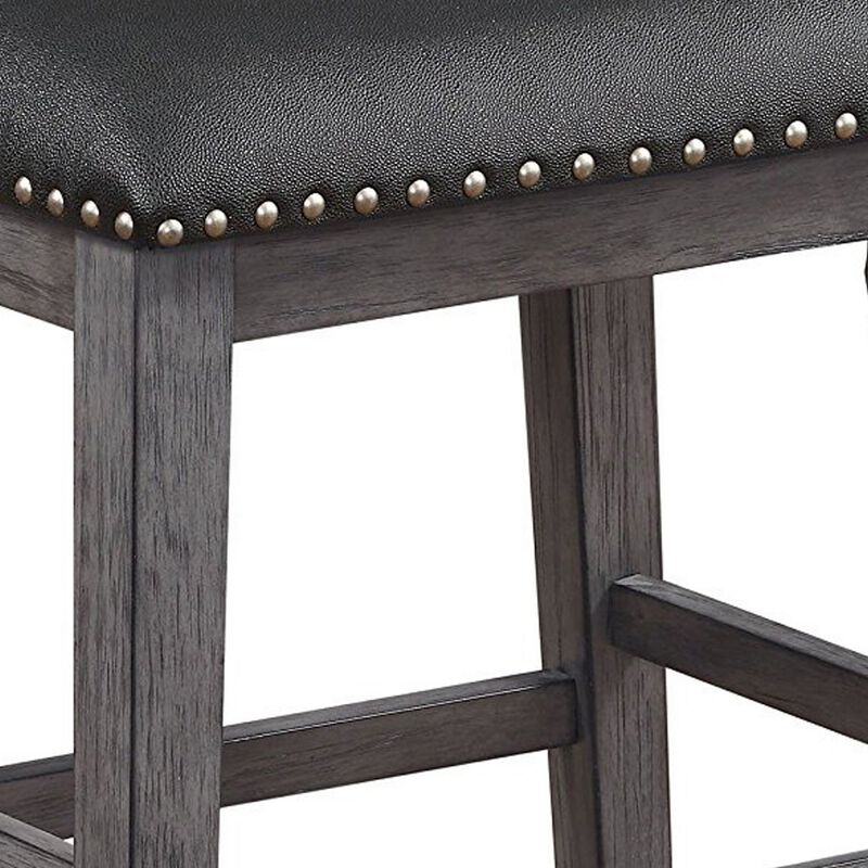 Wood & Leather CoUnter Height Stool with Nail head Trim, Set of 2, Black & Gray-Benzara