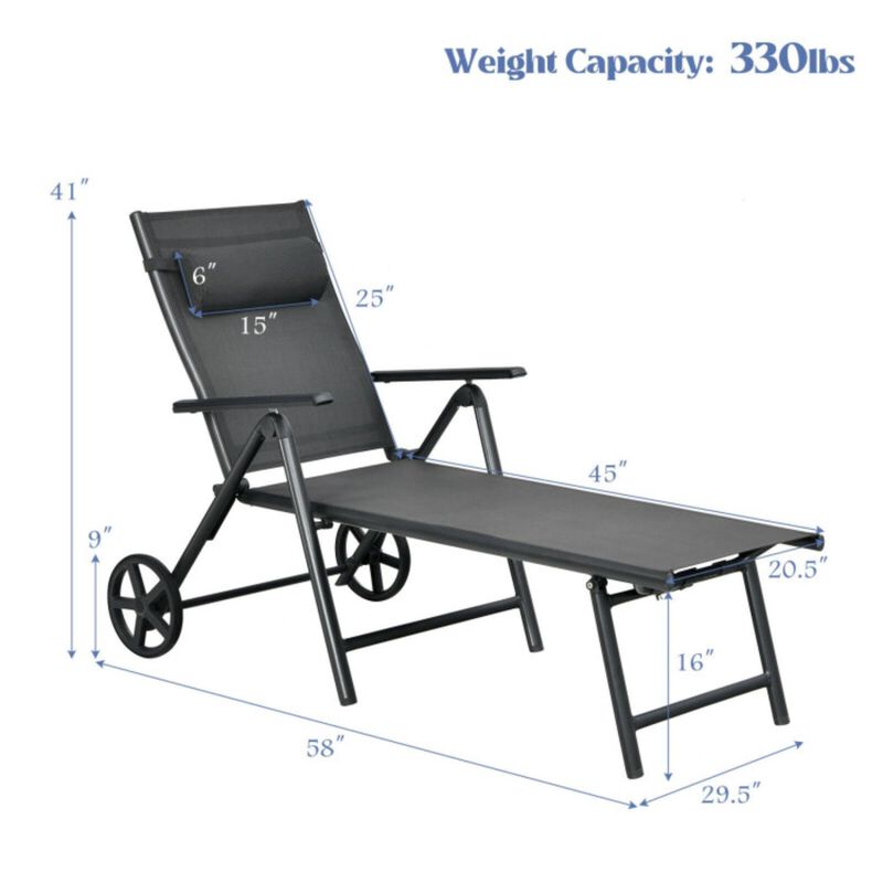 Hivvago Patio Lounge Chair with Wheels Neck Pillow Aluminum Frame Adjustable-Gray