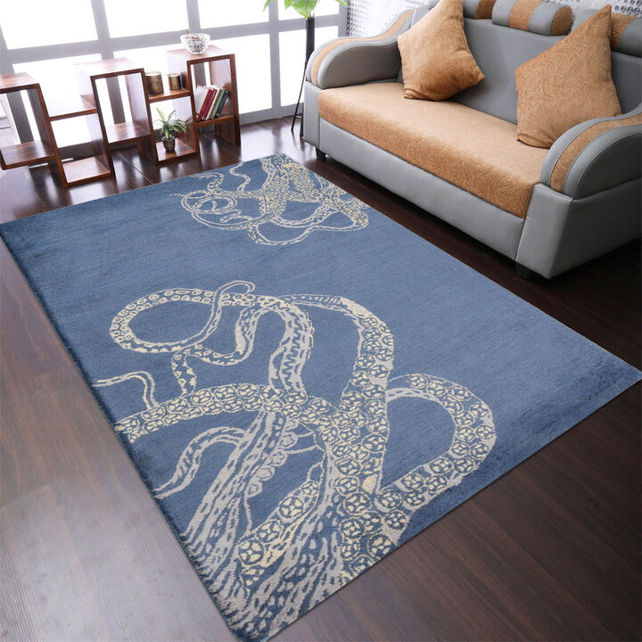 RUGSOTIC CARPETS HAND TUFTED WOOL ECO-FRIENDLY AREA RUGS  - 9'x12', Rectangle Shape, Blue & Beige, Contemporary Modern Design, High Pile Handmade Area Rugs for Living Room, Bed Room (K00512)