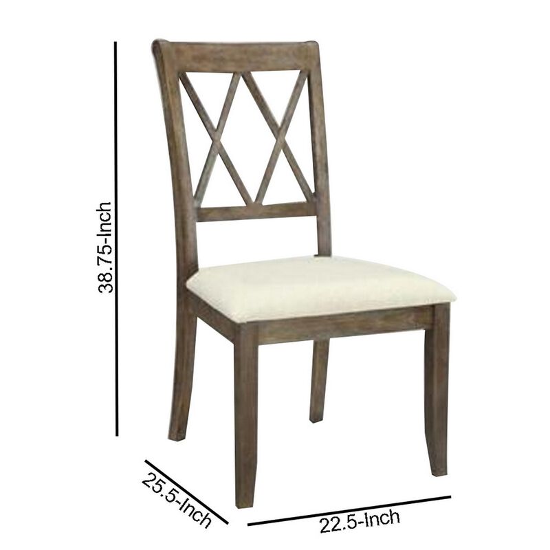 Wood Dining Chair, Double X Backrest, Set of 2, Beige, Brown-Benzara