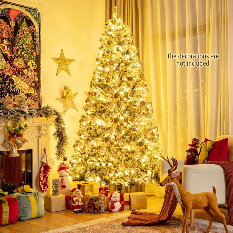 Pre-lit Snow Flocked Hinged Christmas Tree with Tips and Metal Stand