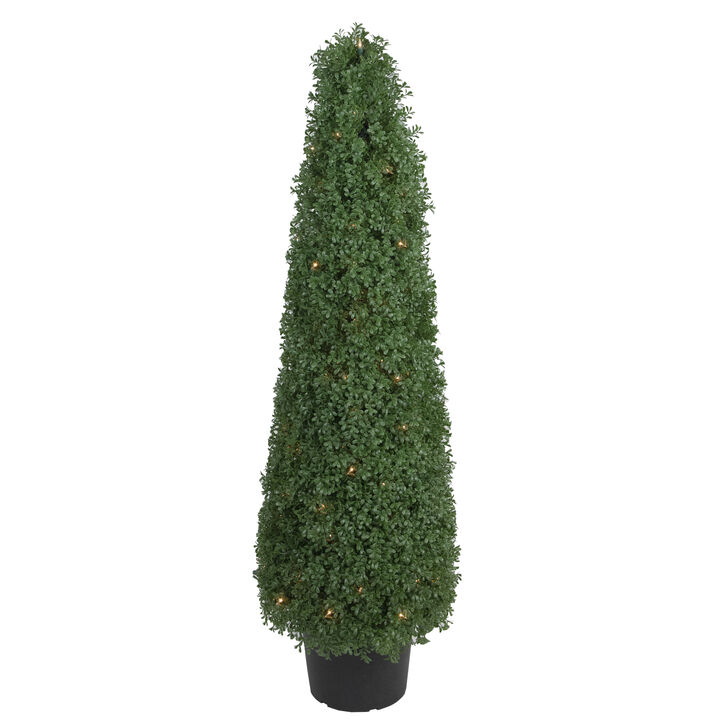 4' Pre-Lit Artificial Boxwood Cone Topiary Tree with Round Pot  Clear Lights