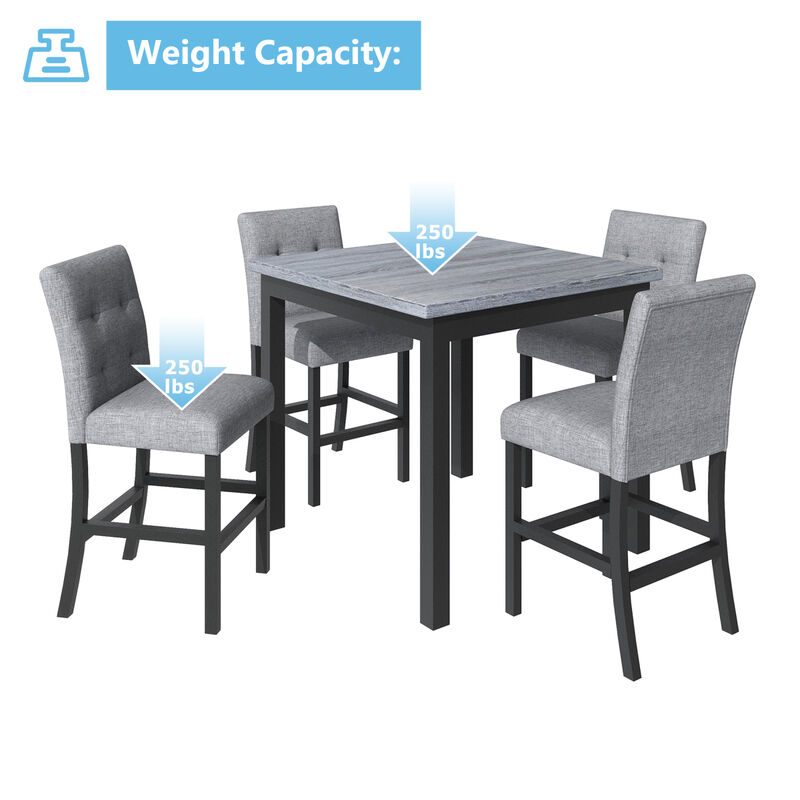5-Piece Counter Height Dining Set Wood Square Dining Room Table And Chairs Stools with Footrest