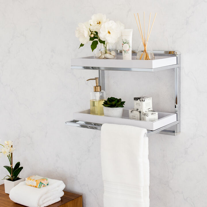 Wall Mount 2-Tier Chrome Shelving Unit with Towel Rack and 2 White Removable Trays