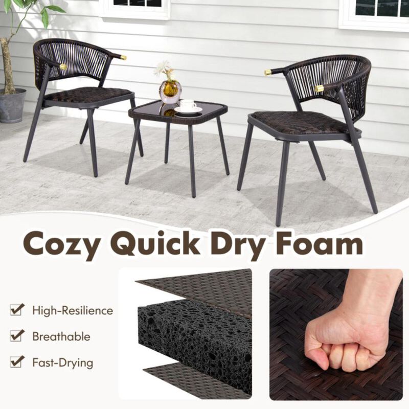 Hivvago 3 Pieces Patio Rattan Furniture Set with Tempered Glass Tabletop for Backyard Poolside