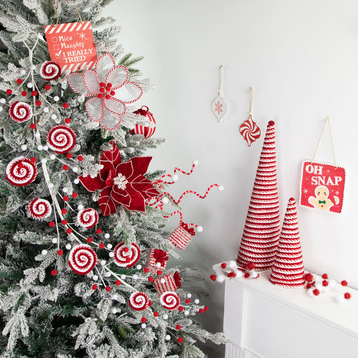 30" Red and White Striped Candy Cane Swirls and Pom Poms Christmas Pick