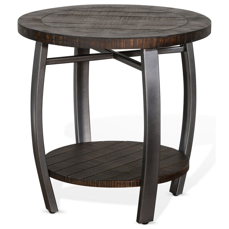 Flint Side End Table w Shelf, Barrel Shape, 24 Inch Dark Brown Round - Benzara