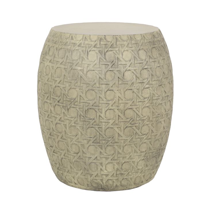 Outdoor End Table, Antique Yellow Faux Concrete, Round 18 Inch - Benzara