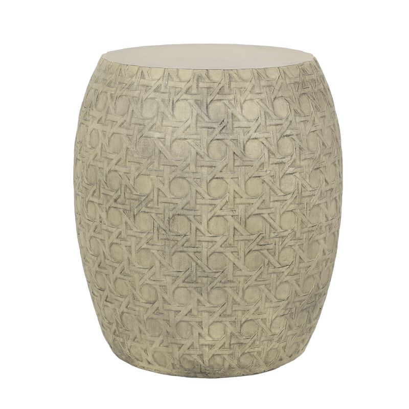 Outdoor End Table, Antique Yellow Faux Concrete, Round 18 Inch - Benzara