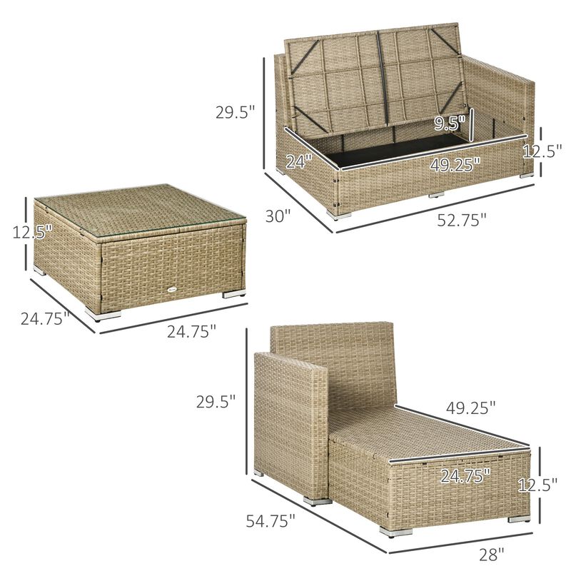 Khaki Outdoor Seating: 3pc Compact Wicker Sectional Set with Storage Table