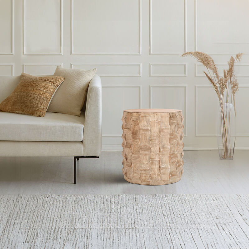 20 Inch Side End Table, Round Drum Shape with 3D Textured Design, Distressed White Finish - Benzara
