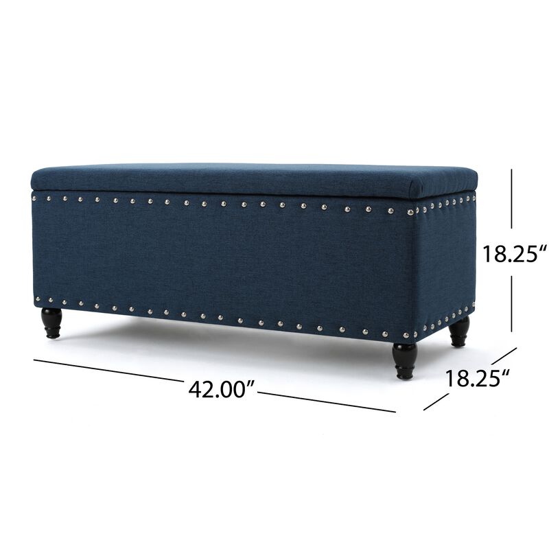Sharon Storage Ottoman Bench, Navy Blue Fabric, Nailhead Trim, 42 Inch -Benzara