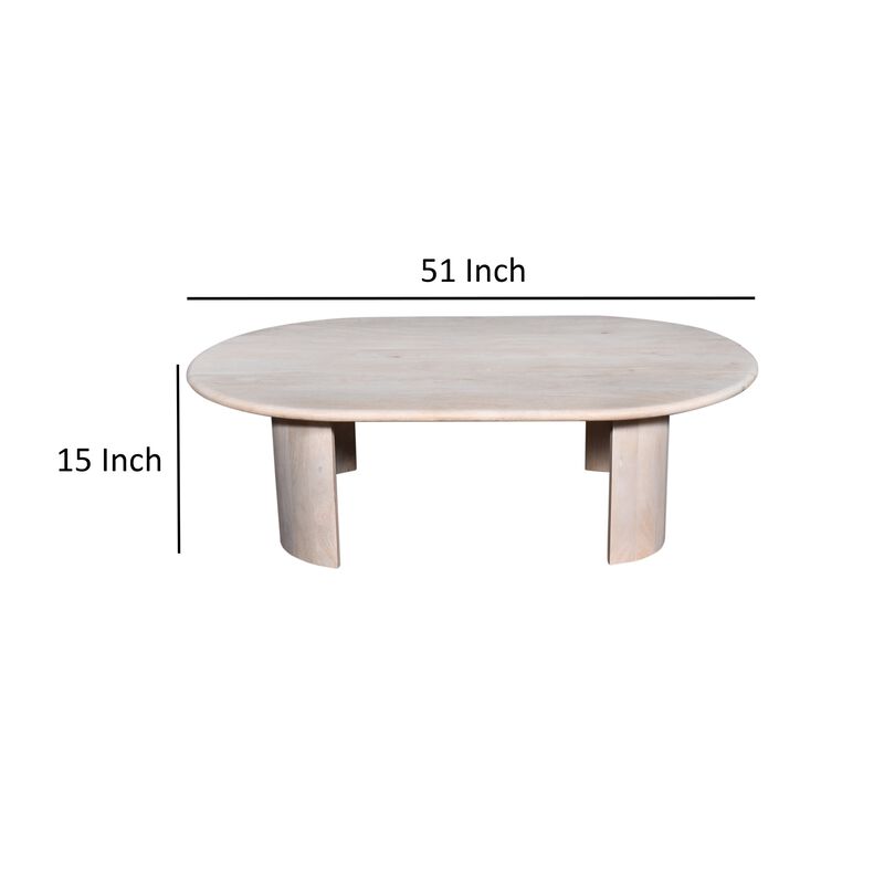 Kipp Coffee Table, 51 Inch Rounded Oblong Top, White Solid Mango Wood - Benzara