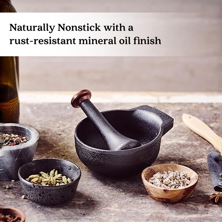 Alva Nori Enameled Cast Iron Mortar and Pestle Set 4" 2 C Easy to Clean Nonstick Manual Food Grinder, Non Toxic, Manual Crusher for Garlic, Nuts, Beans, Herbs & Spices, Small Kitchen Tools